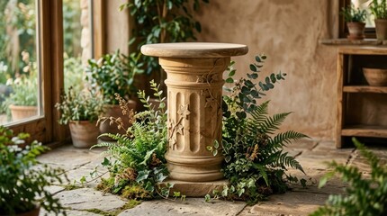 Fototapeta premium A stone pedestal with a green plant on top, surrounded by greenery and a rustic wooden table in a cozy indoor setting.