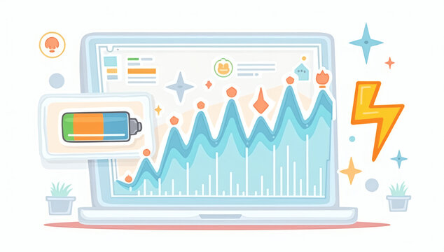 Laptop screen displaying data dashboard performance metrics and energy battery status illustration