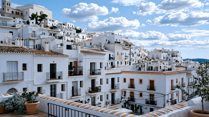 Fototapeta premium Wide Shot of Minimalist Old Town Rooftops Nestled on Hillside Under a Beautiful Sky With Soft Cloud Cover