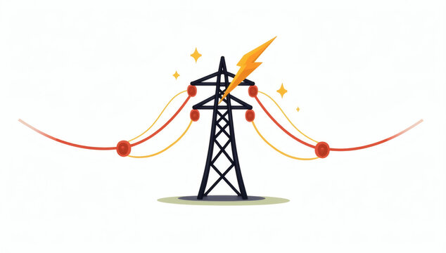 High-voltage electricity pylon with glowing wires, lightning, and sparks, symbolizing power transmission and energy infrastructure, isolated on a white background, vector illustration