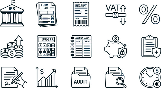 Tax return and corporate accounting financial thin line icons set with IRS government building form 1040 calculator receipt and audit folder,