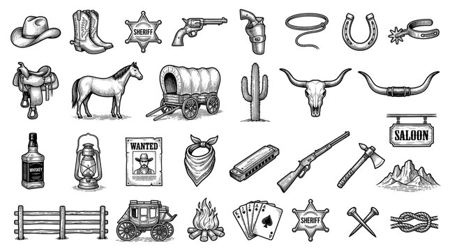 Retro Nineties Style Wild West Cowboy Sticker Collection Featuring Vintage Cartoon Outlaw Characters, Sheriff Star, Desert Cactus, and Classic Frontier Symbols in Vibrant Pop Art Graphic