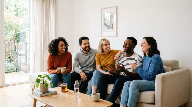 Five friends sitting on a couch in a cozy living room, engaged in conversation.