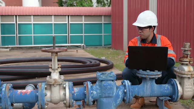 Professional male industrial engineer crouches while using a laptop computer to inspect large blue water pipe valves outdoors at a commercial manufacturing plant facility during the day.