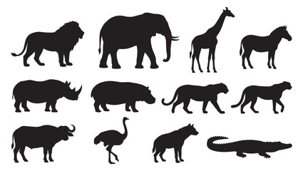 A high-quality vector collection of black silhouettes representing iconic African safari animals. © Art Corner