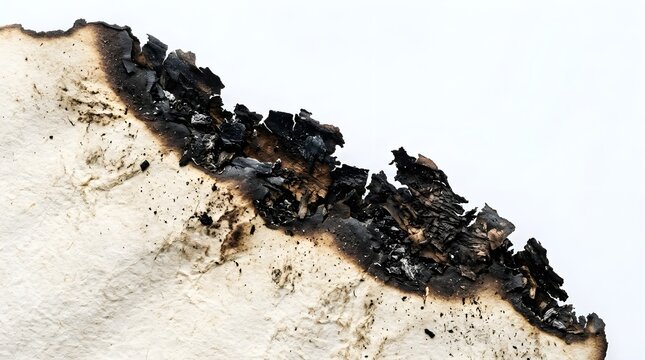 Close up view of the scorched and frayed edge of a piece of paper displaying the destructive effects of flames and heat revealing textured carbonized material against a bright illuminated