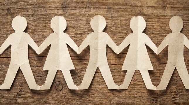 Paper chain of people holding hands on wooden background