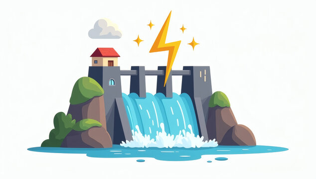 Vector illustration of a hydroelectric power dam generating renewable clean energy with flowing water and electric bolt symbol