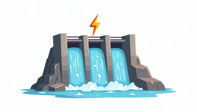 Cartoon illustration of a hydroelectric dam generating clean and renewable energy, showcasing sustainable power production and water resources for electricity generation