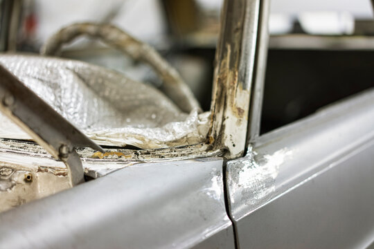 Close-Up of Rusted Windshield Pillar and Cowl, Car Body Restoration