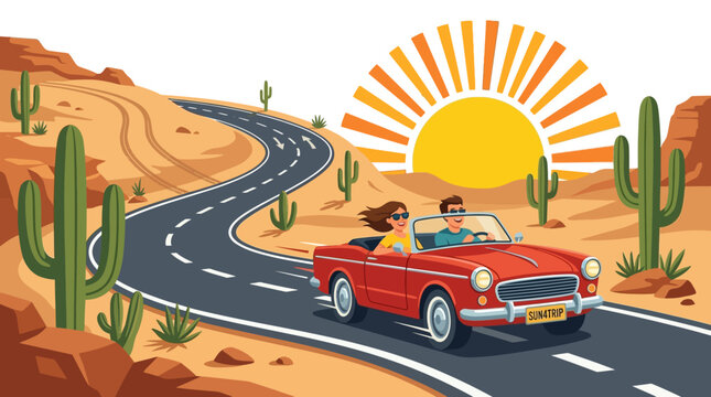 Couple driving convertible on desert road, sunny day, cactus, mountains, vacation