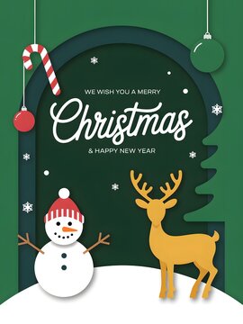 Merry christmas and happy new year greeting card with a cute snowman and a brown reindeer