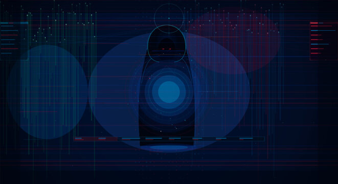Futuristic surveillance system illustration ai security camera with digital data stream overlay