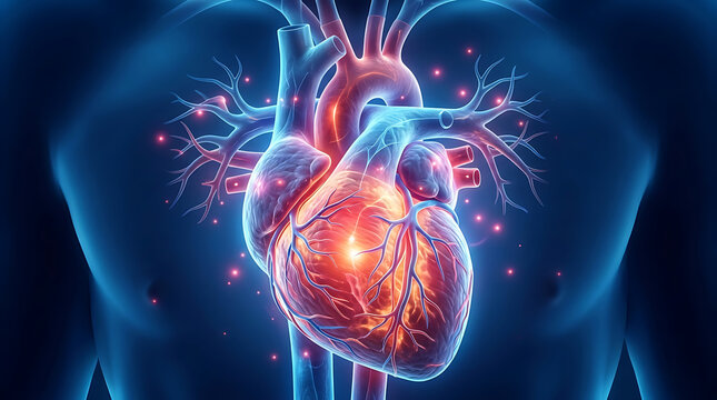 Detailed anatomical cross-section illustration of human heart showing ventricles, atria, and cardiac muscle structure