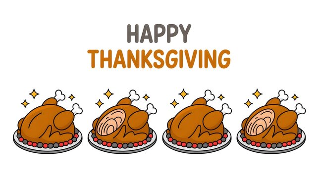 Happy thanksgiving text with four roasted turkey dinner plates illustration