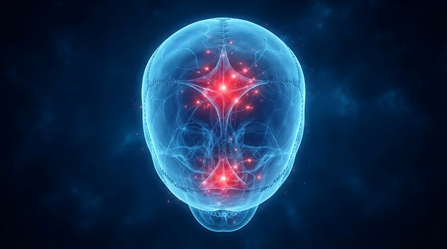 anatomical cross-section illustration of a fetal skull showing fontanelles and cranial bone structure