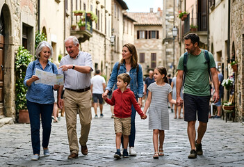 Obraz premium Happy multi-generational family exploring historic European village together