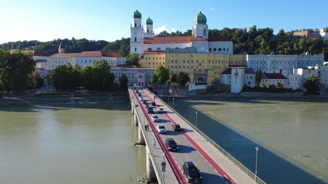 Aerial view of Marienbr&uuml;cke bridge and the cathedral in Passau