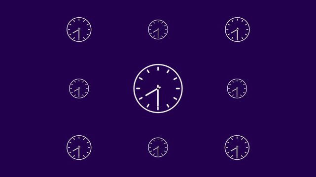Repeating pattern of white clock on a deep purple background for modern layouts
