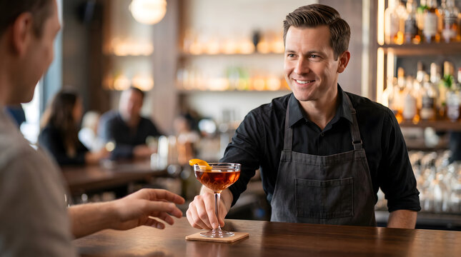 Bartender serving cocktail to customer at bar