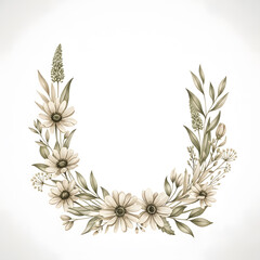 Fototapeta premium Watercolor floral wreath with wildflowers and green leaves