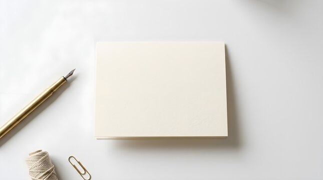 Flat lay composition featuring a blank notepad with a golden pen and twine perfect for planning notes writing or crafting memos on a bright surface ideal for professional or personal use
