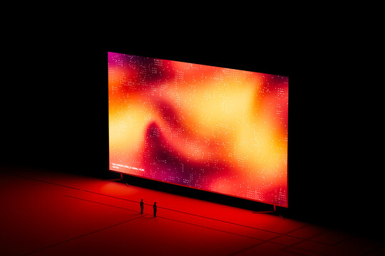 A man and woman stands in front of a large digital screen