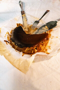 Basque burnt cheesecake on parchment after shared dessert