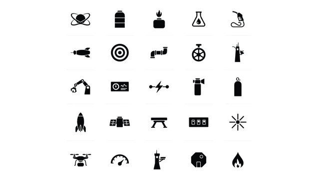 Collection of black and white icons representing various scientific technology and industrial equipment symbols on transparent background