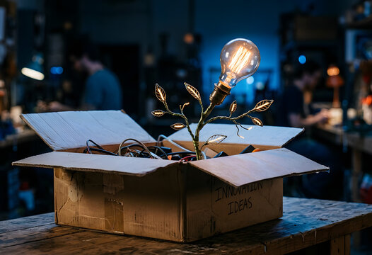 Glowing light bulb plant growing from innovation box in workshop