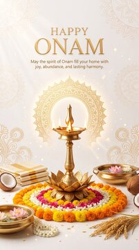 Traditional brass oil lamp lit on a vibrant floral pookalam rangoli, surrounded by coconuts, golden wheat stalks, and stacked white textiles for the onam harvest festival celebration