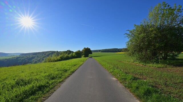Gerade Landstrasse f&uuml;hrt durch gr&uuml;ne Felder unter hellem Himmel, Urphar, Wertheim, Main Tauber Kreis, Spessart, Unterfranken, Baden-W&uuml;rttemberg, Deutschland