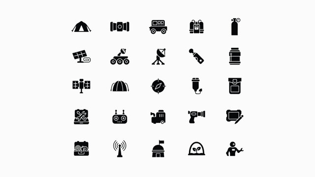 Collection of camping hiking and outdoor adventure equipment icons with transparent background