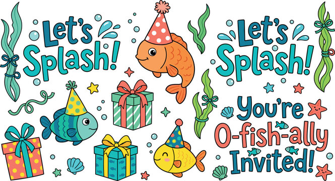 Cute Under the Sea Birthday Invitation Element Set with Funny Fish Puns, Let's Splash Typography, Gift Boxes, Seaweed, and Party Hats for Kids Celebrations