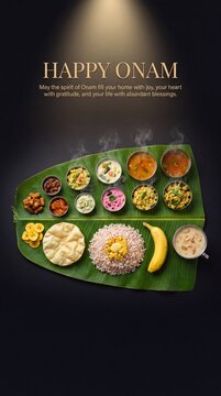 Traditional kerala onam sadhya feast served on a large green banana leaf with various south indian vegetarian curries, rice, papadum, and a ripe banana against a dark background