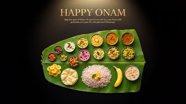 Traditional kerala onam sadhya feast served on a large green banana leaf, featuring various bowls of curries, rice, papadum, and a ripe yellow banana against a dark background