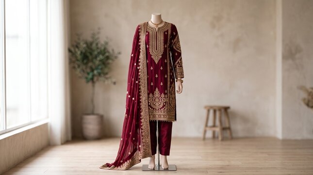 Traditional maroon velvet salwar kameez with gold embroidery on mannequin, elegant pakistani bridal suit, luxury indian ethnic wear for weddings