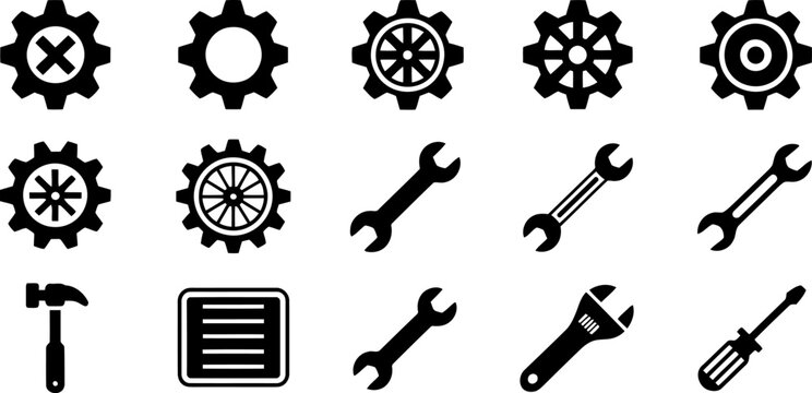Collection of black and white representing gears wrenches hammer clipboard and screwdriver tools vector, icon set,  transprent background,