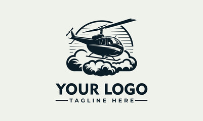 Vintage Helicopter Flight Logo Design with Stylized Clouds and Retro Aircraft Silhouette © nuaari