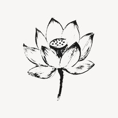 Fototapeta premium A minimalist black and white hand-drawn lotus flower ink sketch. High-quality perfect for zen-themed designs, botanical art, and elegant stationery.