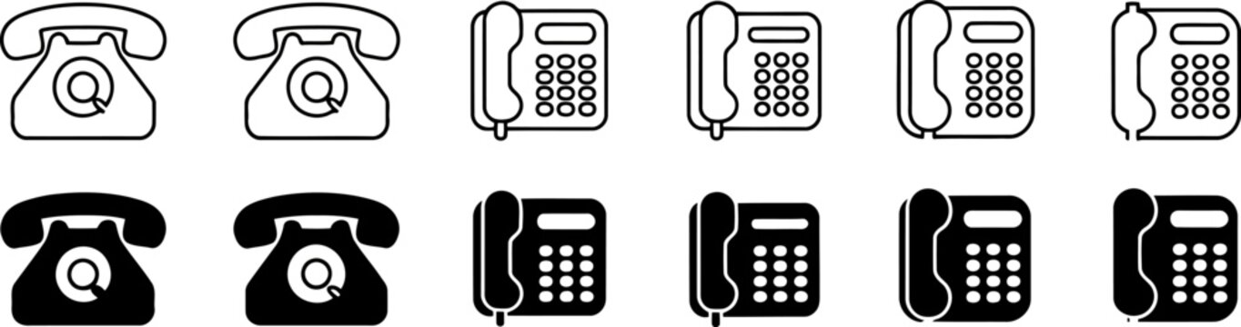 Collection of vintage and modern telephone in outline and solid black styles vector, icon set,  transprent background,
