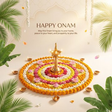 Traditional onam pookalam floral rangoli with a brass oil lamp, surrounded by palm leaves and small clay diyas on a soft cream background