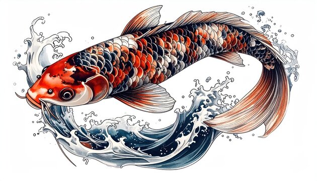 Artistic koi carp jumping through blue water splashes.
