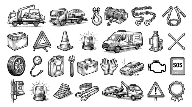 Hand-drawn black icons set for roadside assistance and vehicle recovery services, featuring a tow truck, winch, hook, and emergency symbols in a simple doodle sketch style