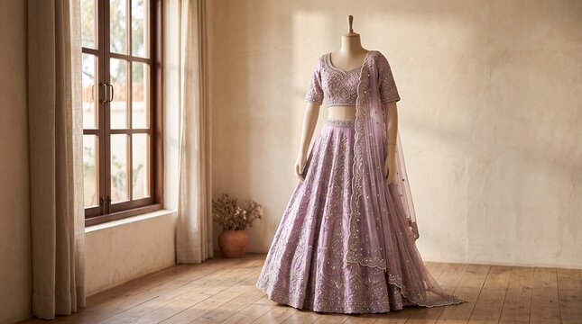 Elegant lavender lehenga choli on mannequin, traditional Indian bridal wear with embroidery, luxury ethnic fashion in sunlit boutique interior