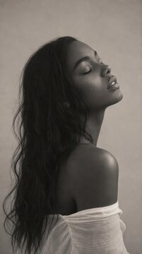 Elegant black and white mobile wallpaper of a woman with long hair and closed eyes.