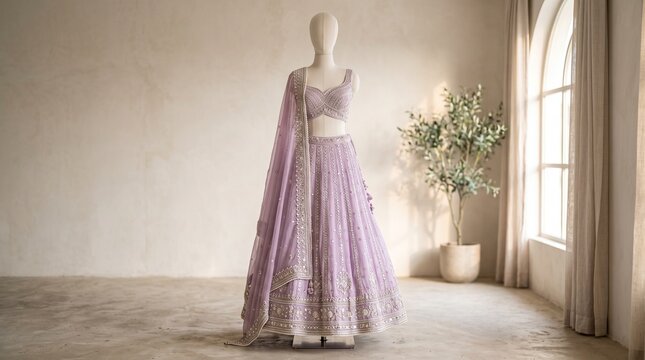 Elegant lavender lehenga choli on mannequin, traditional Indian bridal wear with embroidery, luxury ethnic fashion in minimalist studio interior