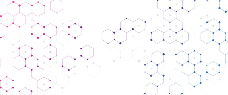 Molecular structure abstract tech background. Geometric Vector banner design with blue gradient hexagons. Science network pattern, connecting line and dot Medical background, Vector illustration.