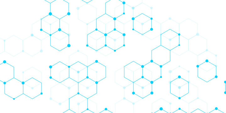 Molecular structure abstract tech background. Geometric blue background. Vector banner design with hexagons. Science network pattern, connecting lines and dots Medical background, Vector illustration.