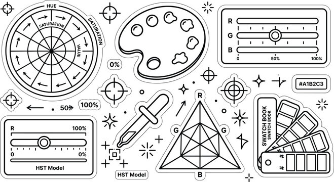 Color Theory and Digital Design Icon Set with Color Wheel, Palette, RGB Sliders, Eyedropper, Swatch Book, and Hex Code Symbols for Graphic Designers